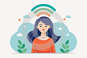A woman with flowing long hair stands beneath a rainbow in this vibrant illustration, Vector 5G wifi network and female character