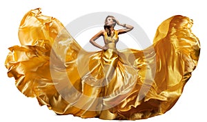 Woman in Fluttering Gold Dress on White, Waving Silk Cloth, Artistic Fashion Model in Golden Color Fabric