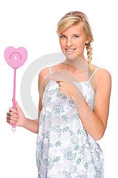 Woman with fly swatter