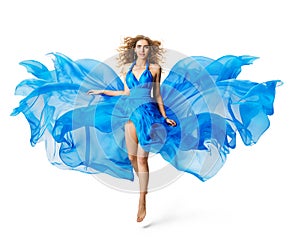 Woman Flying Blue Dress, Fashion Model levitating in Silk Gown Waving Cloth on White photo