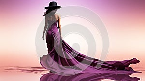 Woman in flying Dress with Long Train Back. Luxury Fashion Model in Elegant Hat. Glamour Lady Silhouette over Studio background