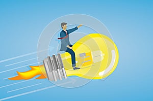 Woman flying on light bulb rocket. Vector illustration.