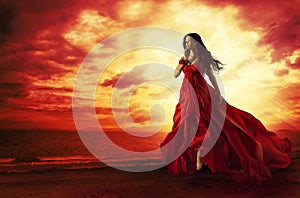 Woman Flying Red Dress, Fashion Model in Evening Gown Levitating