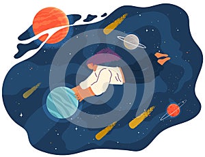 A woman flying in space vector flat illustration with planets and stars cartoon cosmic scene