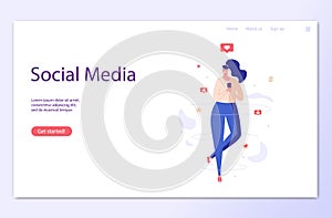 Woman flying, work in smm. Concept of work online, remote work, social media marketing, social network, modern trends, creativity