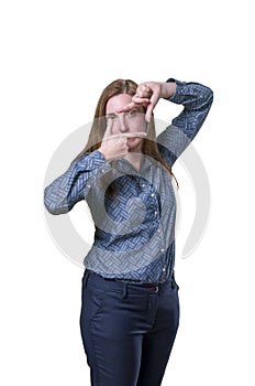 Woman focusing with his fingers over white background.