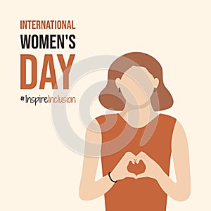 Woman fold her hands with heart for IWD postcard. Inspire Inclusion International Women\'s Day 2024 poster. photo
