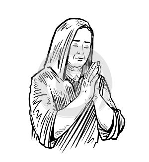 Woman folded her hands for praying. Sketch vector illustration