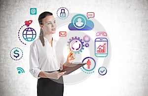 Woman with folder and cloud computer