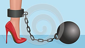 Woman in foot schackle. Dimension 16:9. Vector illustration.
