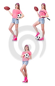 The woman with football on white