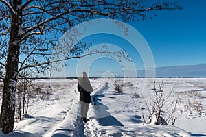 Woman on a footpath in a frozen wetland