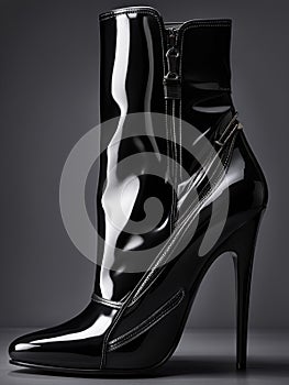 woman footwear, black glossy leather high heel boot, generative ai illustrations