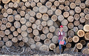 Woman forestry engineer beside trunks