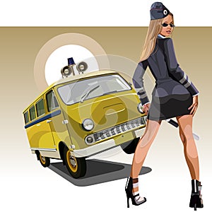 woman in the form of traffic police with a retro car UAZ