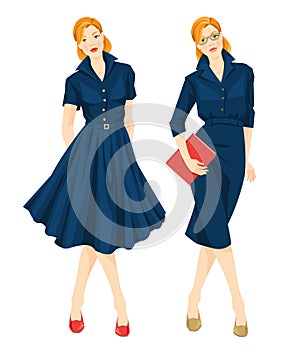 Woman in formal blue dress and elegant blue dress for holiday