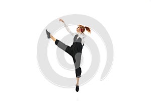 Woman in formal wear, dynamic pose of office employee, talking on mobile phone isolated on white background