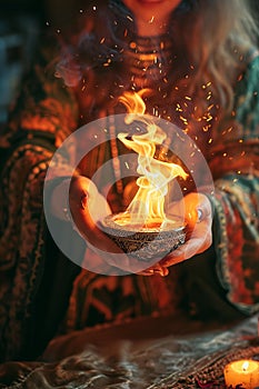 A woman fortune teller tells fortunes by fire. Selective focus.