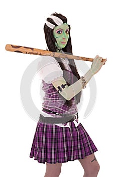 Woman in Frankenstein costume with bat