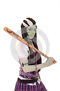 Woman in Frankenstein costume with bat