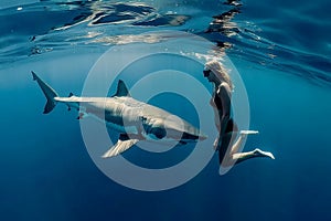 Woman free diver underwater against the background of a shark in the ocean