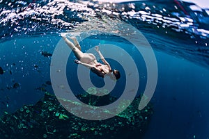 Woman freediver in bikini swin in tropical ocean at shipwreck