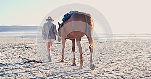 Woman, freedom and horse relaxing on beach, nature and peaceful vacation or holiday by ocean. Female person, animal and