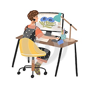 Woman freelance graphic designer working use computer vector flat illustration. Creative young female depict image in photo