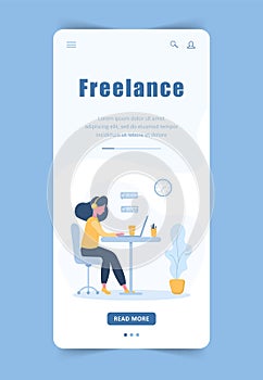 Woman freelance. Landing page template. Girl in headphones with a laptop sitting at a table. Mobile background. Concept