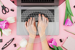 Woman freelancer typing on laptop. Woman workspace with female hands, laptop, tulips, accessories and diary on pink background. To