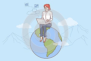 Woman freelancer works for international company via internet, sits on globe with laptop on lap