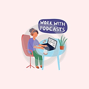 A woman freelancing at home and listens to a podcast.
