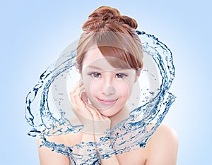 Woman with fresh skin in splashes of water