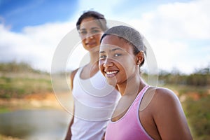 Woman, friends and portrait for hiking adventure or park workout, explore or fitness. Female people, face and forest