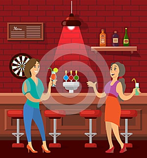 Woman Friends Talking in Bar Drinking Cocktails