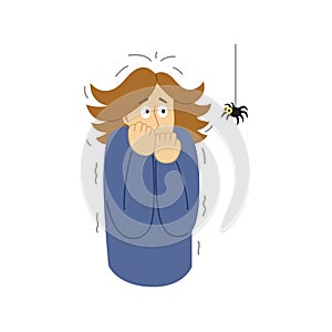 Woman frightened by spider, girl suffering from arachnophobia, human fear concept. Vector Illustration