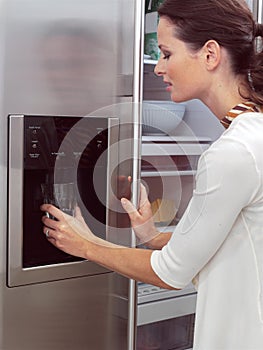 Woman in front of the fridge aa