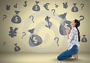 Woman in front of money on wall