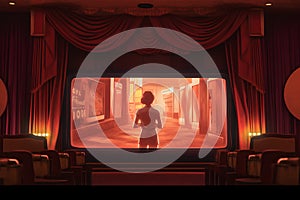 Woman in front of the movie screen. 3d render illustration.