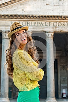 Woman in front of pantheon in rome, italy