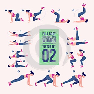 Woman full body workout fitness, aerobic and exercises set. Vector Illustration.