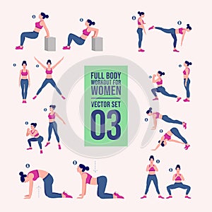 Woman full body workout fitness, aerobic and exercises set. Vector Illustration.