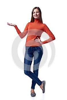 Woman in full length holding blank copy space on the palm