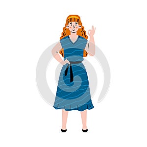 Woman full length raising her hand in OK gesture, vector illustration isolated.