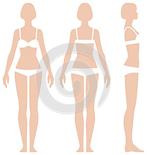 Woman in full length in three projections front view side and back photo
