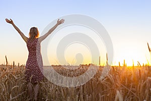 Woman full of vitality embracing sunrise in wheat field