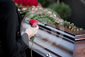 Woman at Funeral with coffin photo