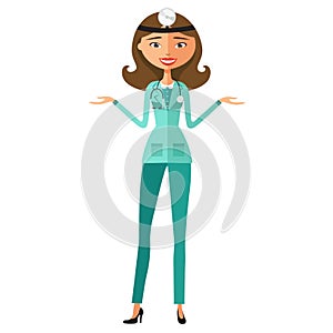 Woman funny cartoon scientist doctor presenting flat cartoon vector illustration