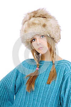 Woman in fur cap and sweater