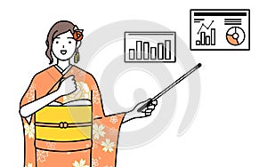 Woman in furisode analyzing a performance graph photo